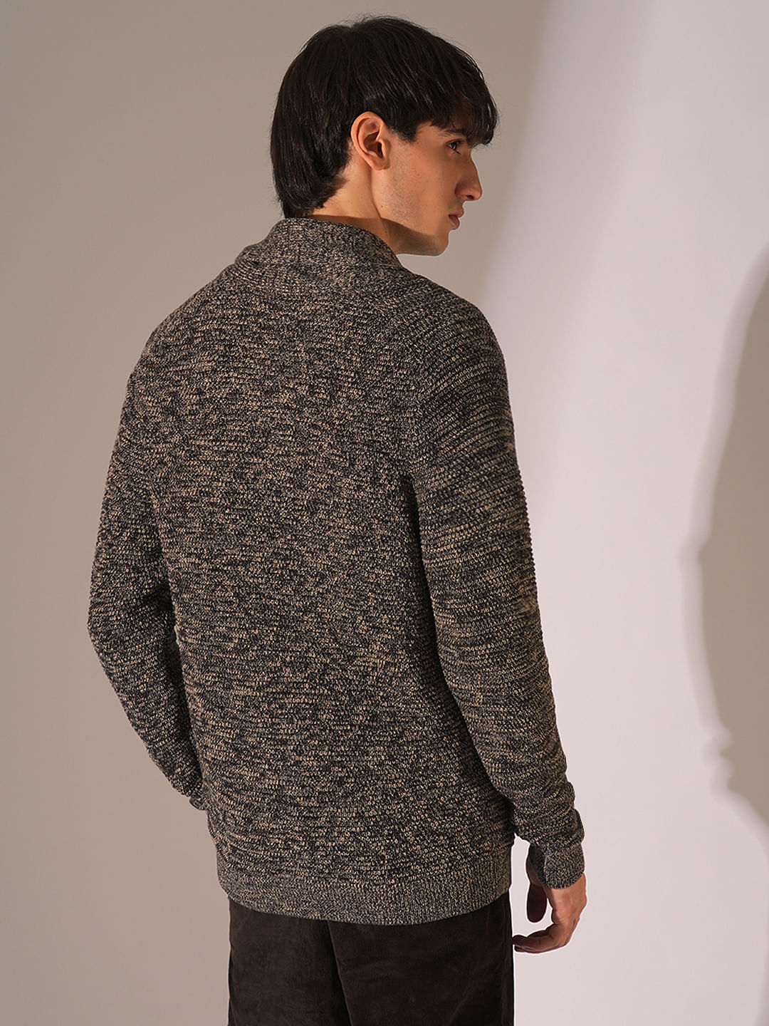 Brown Shawl Neck Knitted Cardigan