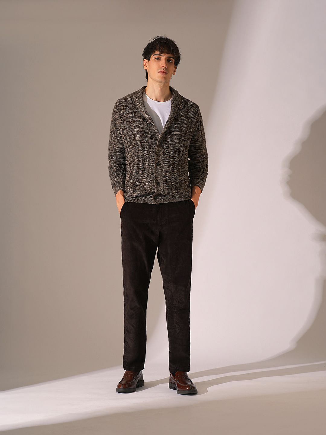 Brown Shawl Neck Knitted Cardigan