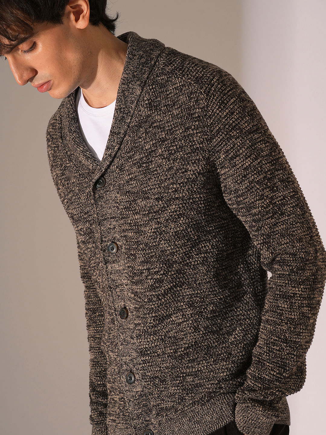 Brown Shawl Neck Knitted Cardigan