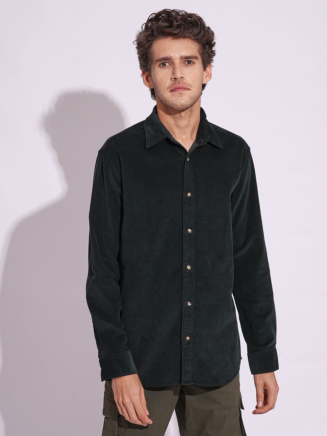 Green Corduroy Full Sleeves Shirt