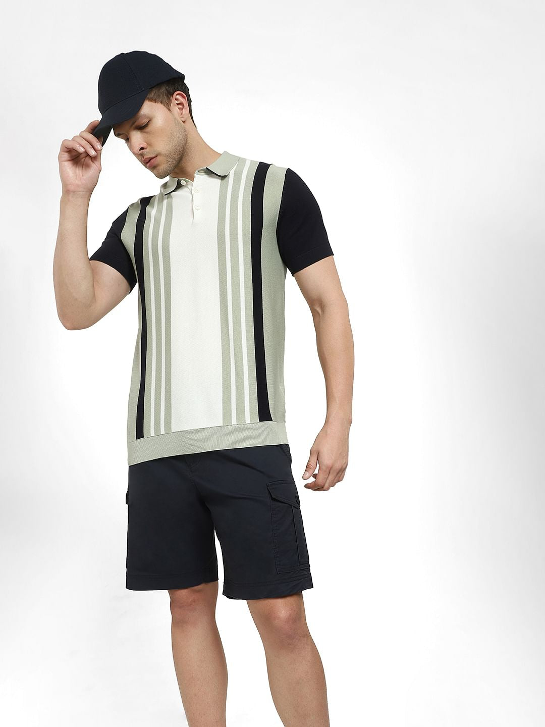 Grey Striped Knit Polo T-shirt