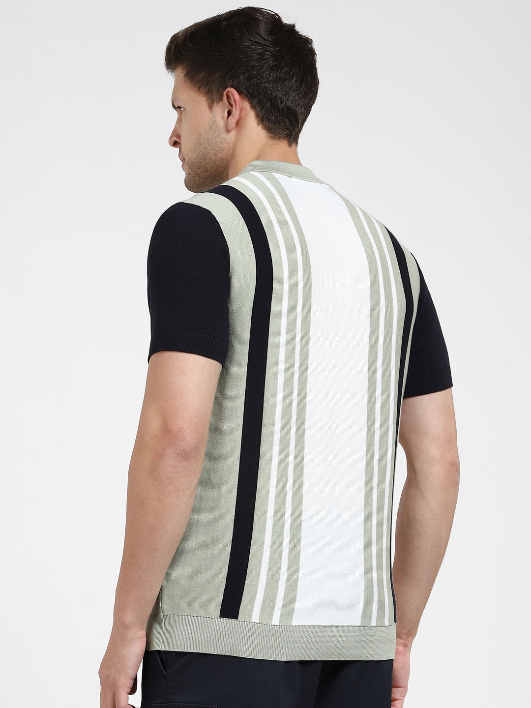 Grey Striped Knit Polo T-shirt