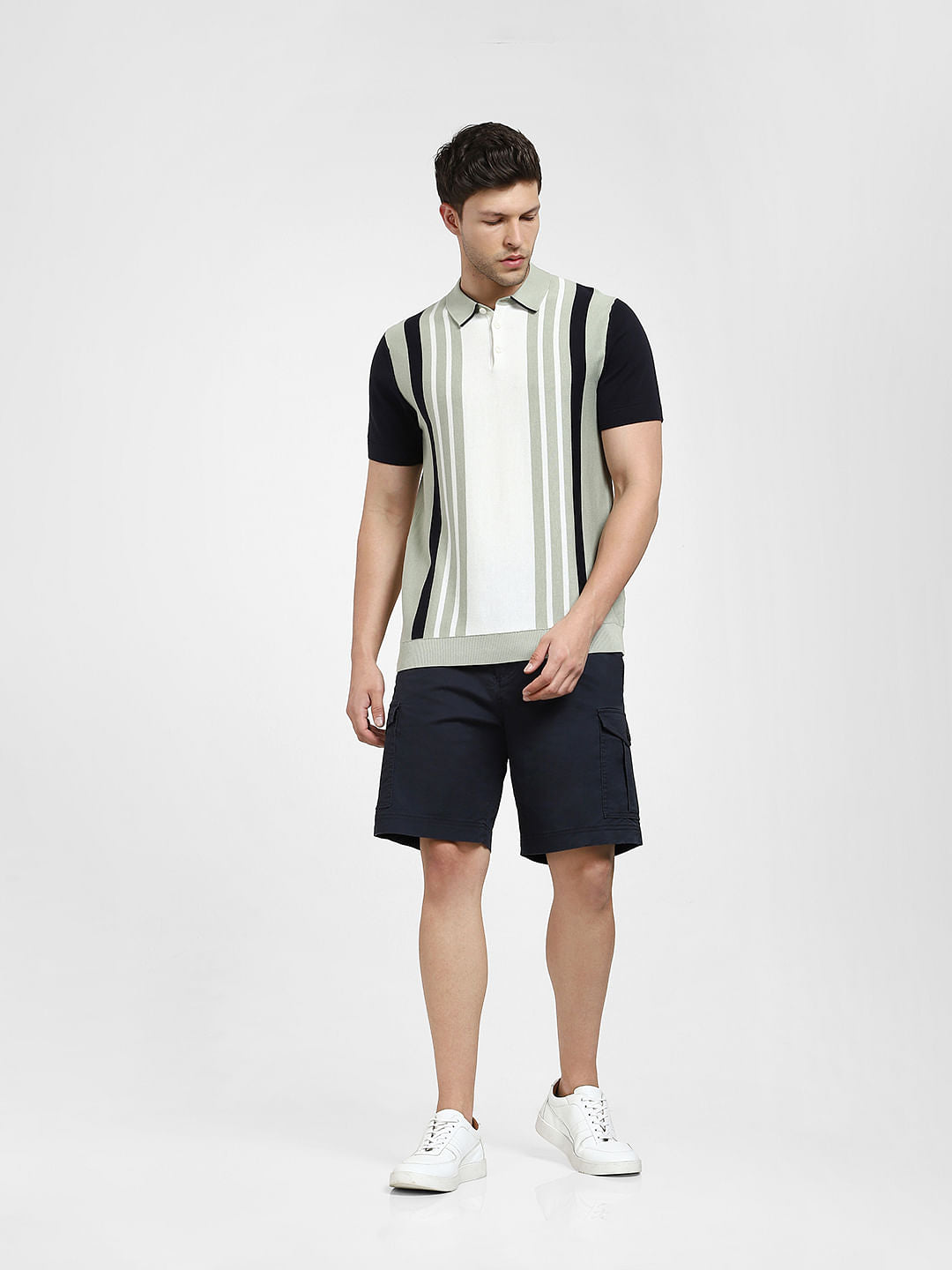 Grey Striped Knit Polo T-shirt