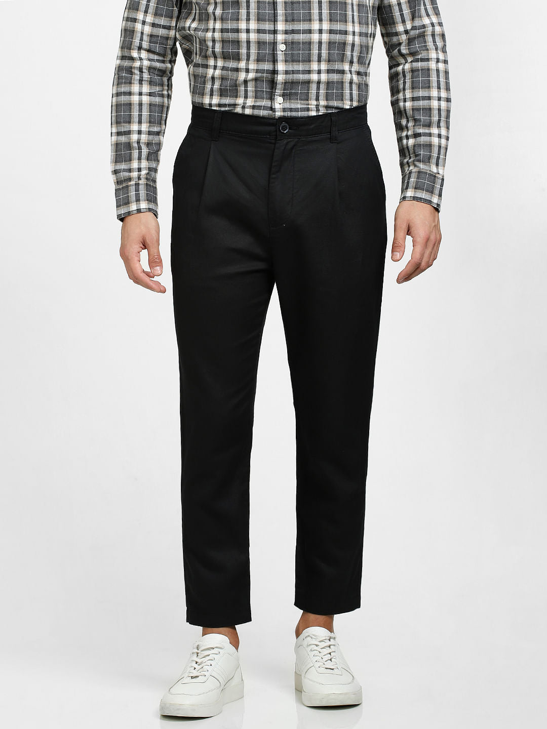 Black Mid Rise Linen Blend Pants