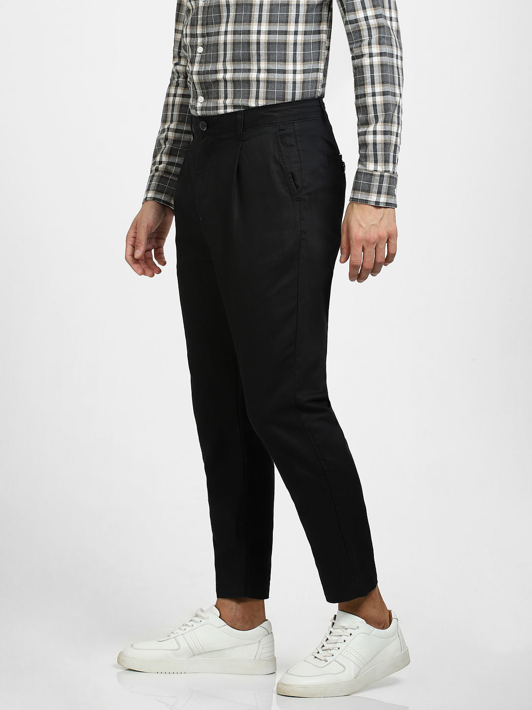Black Mid Rise Linen Blend Pants