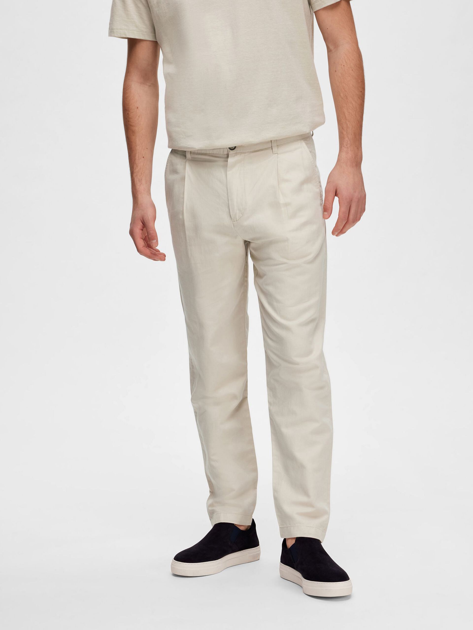 Beige Mid Rise Slim Linen Pants