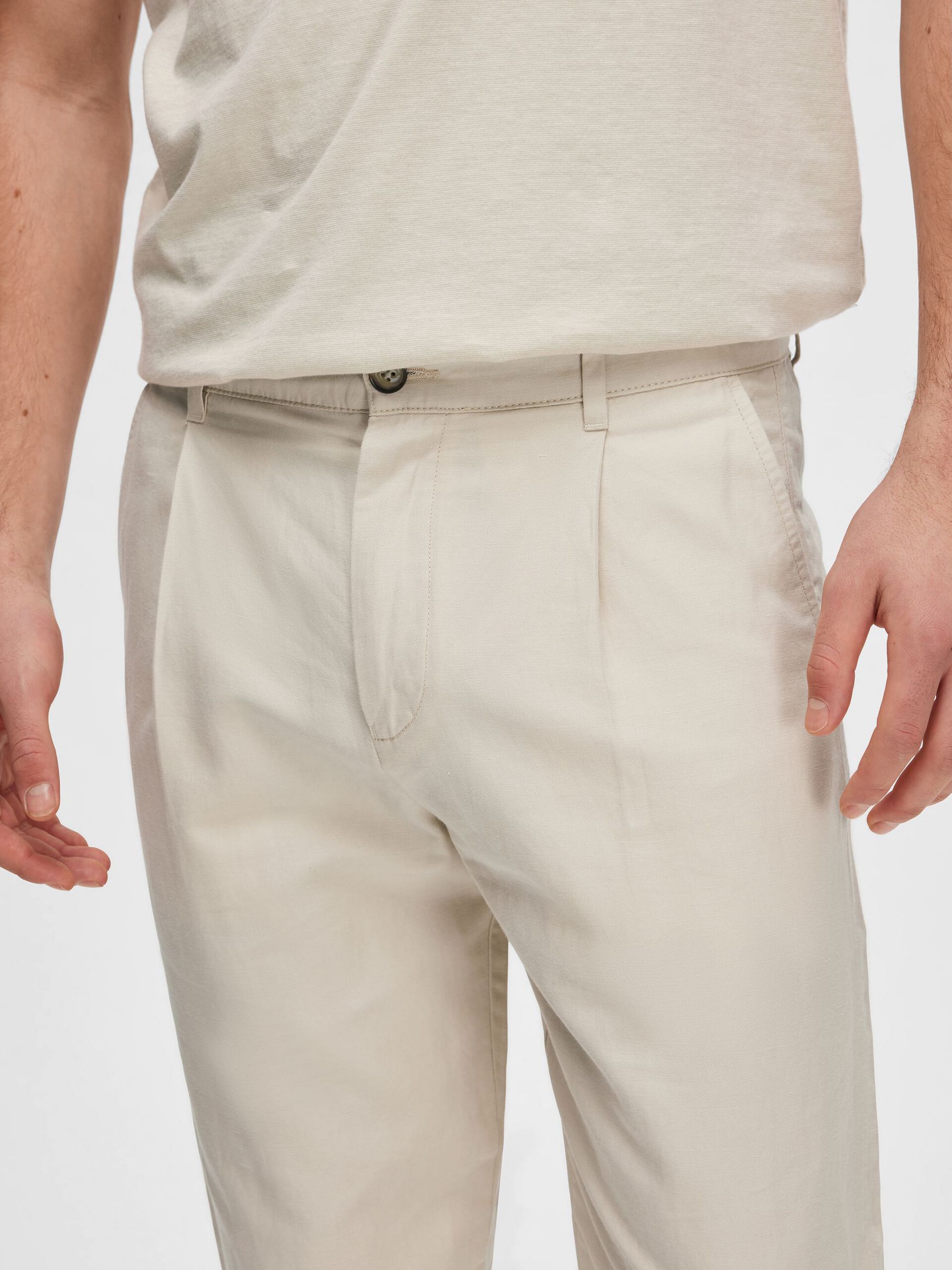 Beige Mid Rise Slim Linen Pants