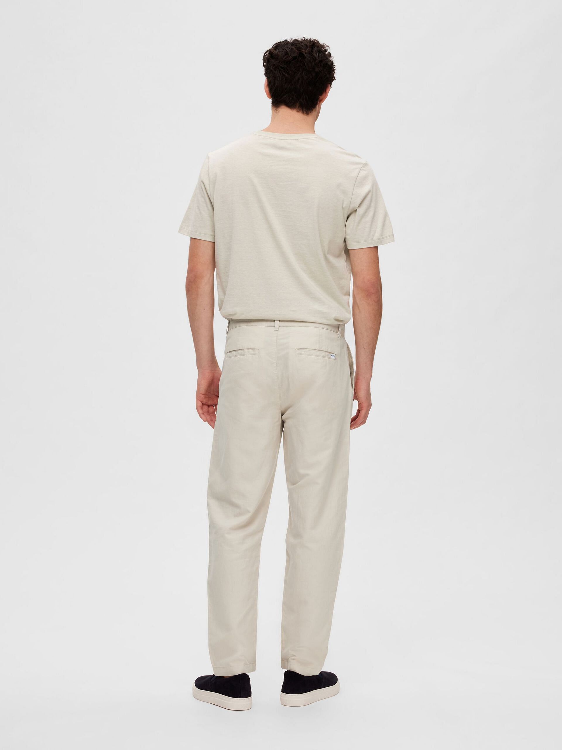 Beige Mid Rise Slim Linen Pants