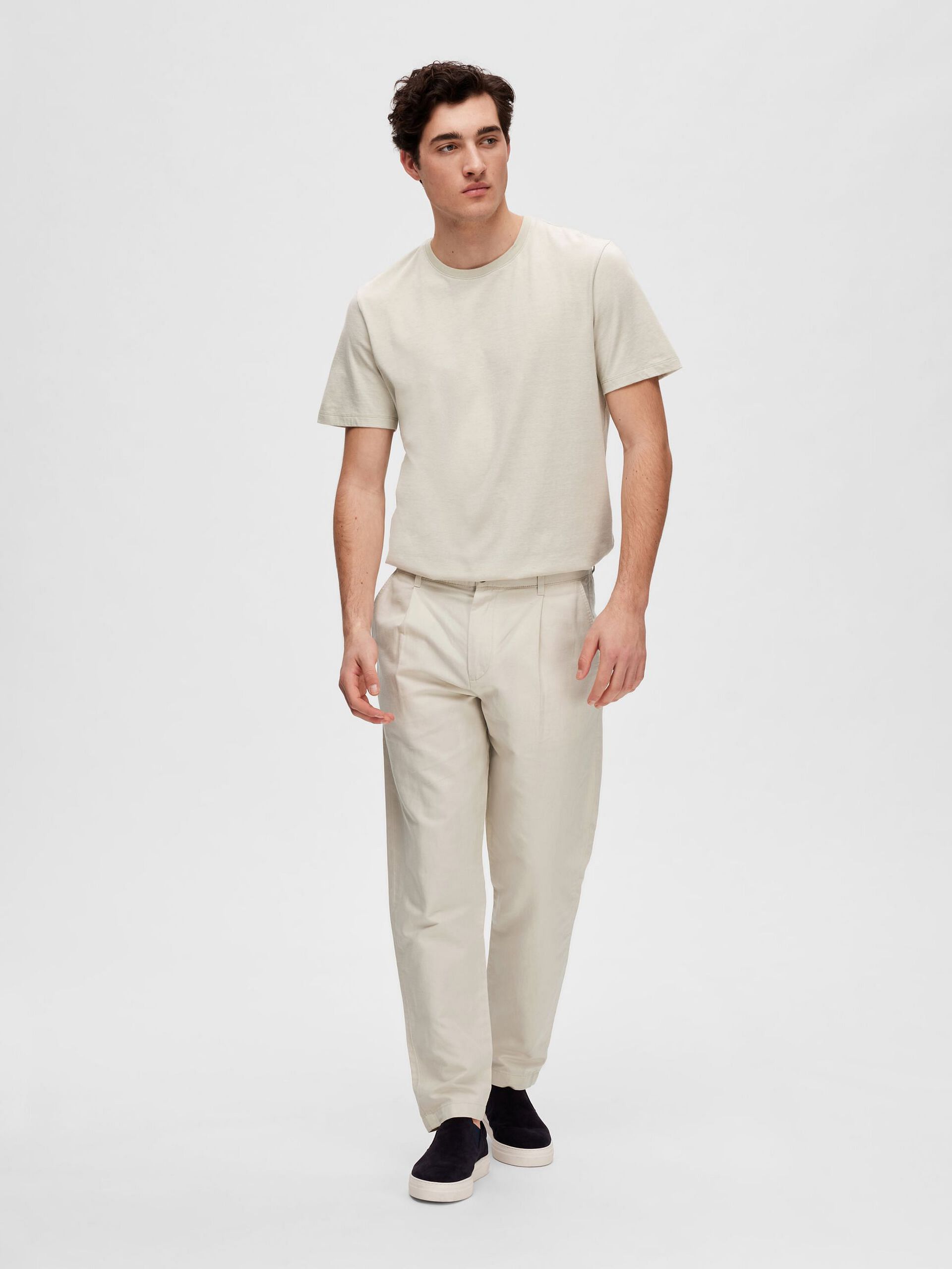 Beige Mid Rise Slim Linen Pants