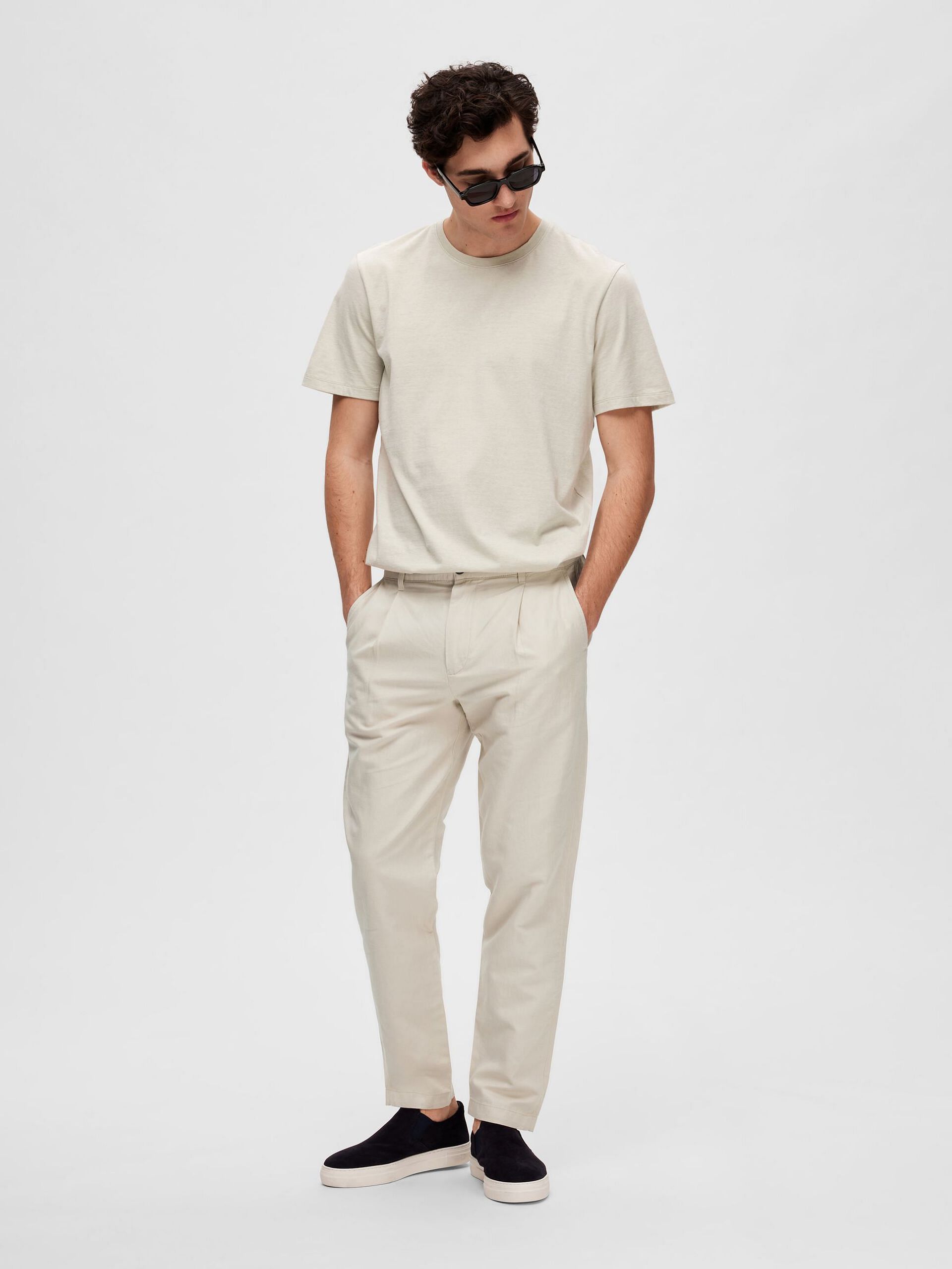 Beige Mid Rise Slim Linen Pants
