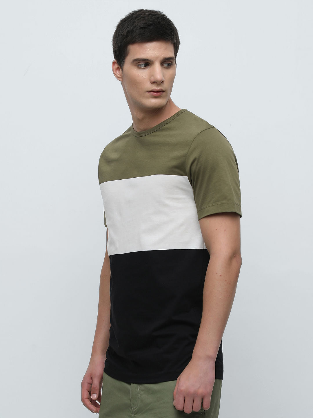 Green Colourblocked Crew Neck T-Shirt