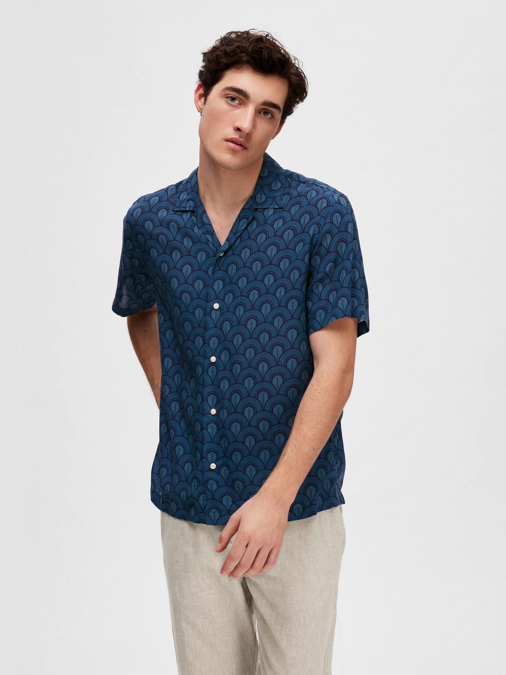 Dark Blue Printed Cuban Collar Resort Shirt