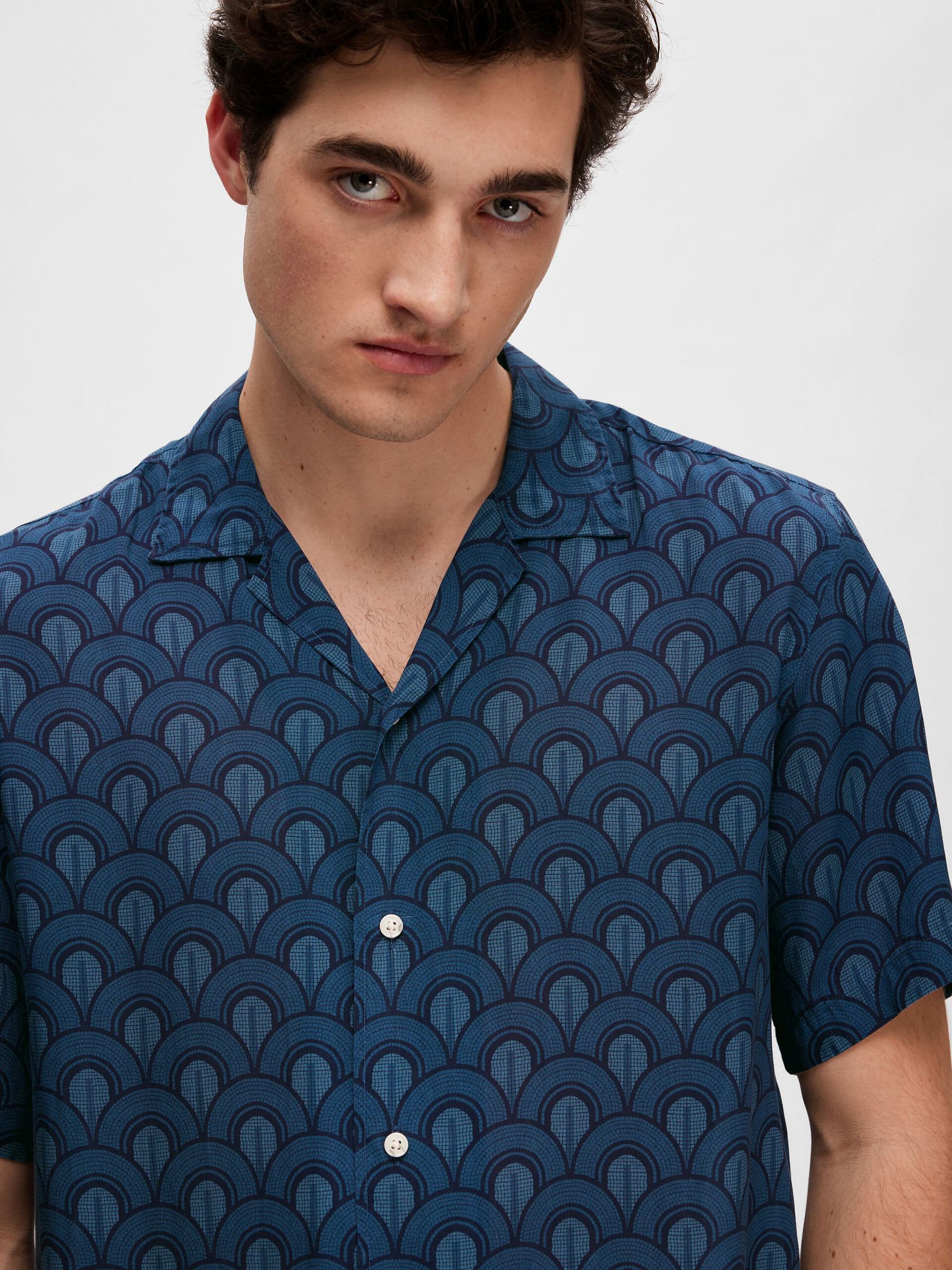 Dark Blue Printed Cuban Collar Resort Shirt