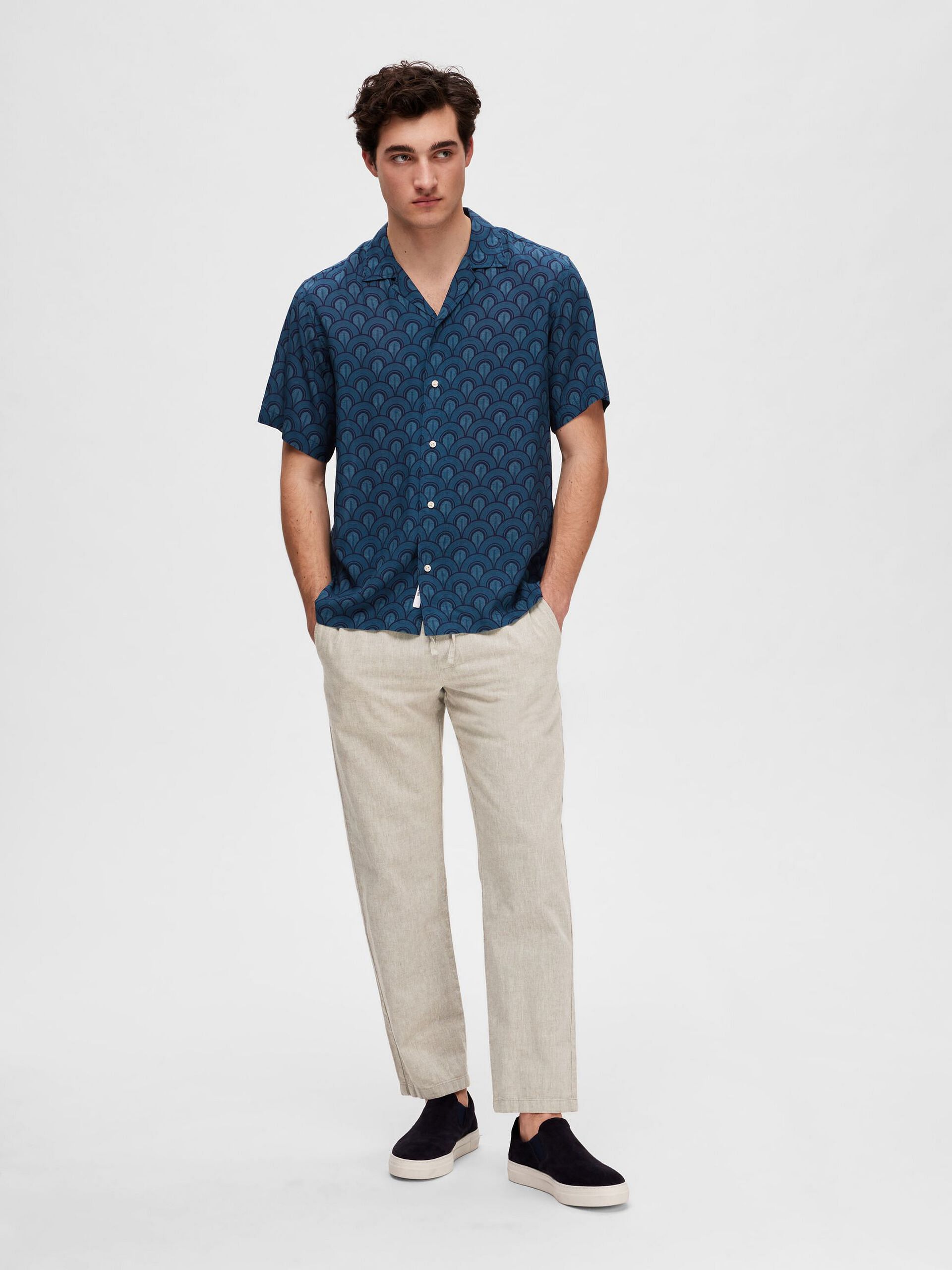 Dark Blue Printed Cuban Collar Resort Shirt