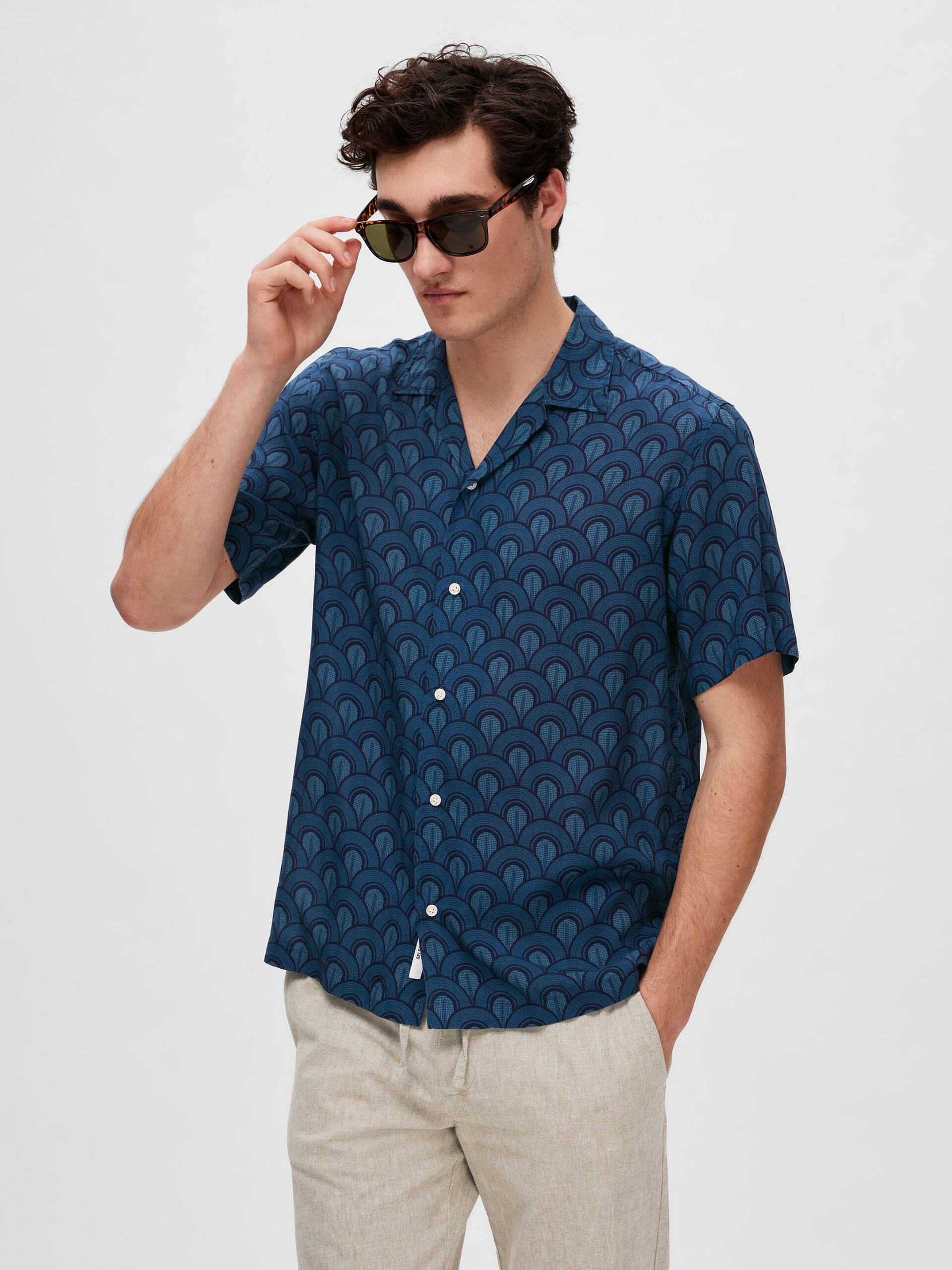 Dark Blue Printed Cuban Collar Resort Shirt