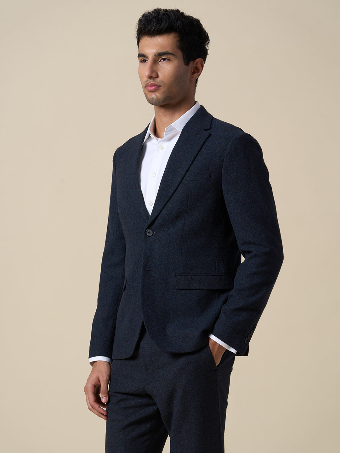 Dark Blue Wool Blend Suit-Set Blazer