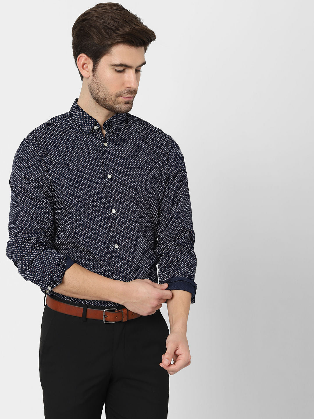 Dark Blue Printed Full Sleeves Shirt