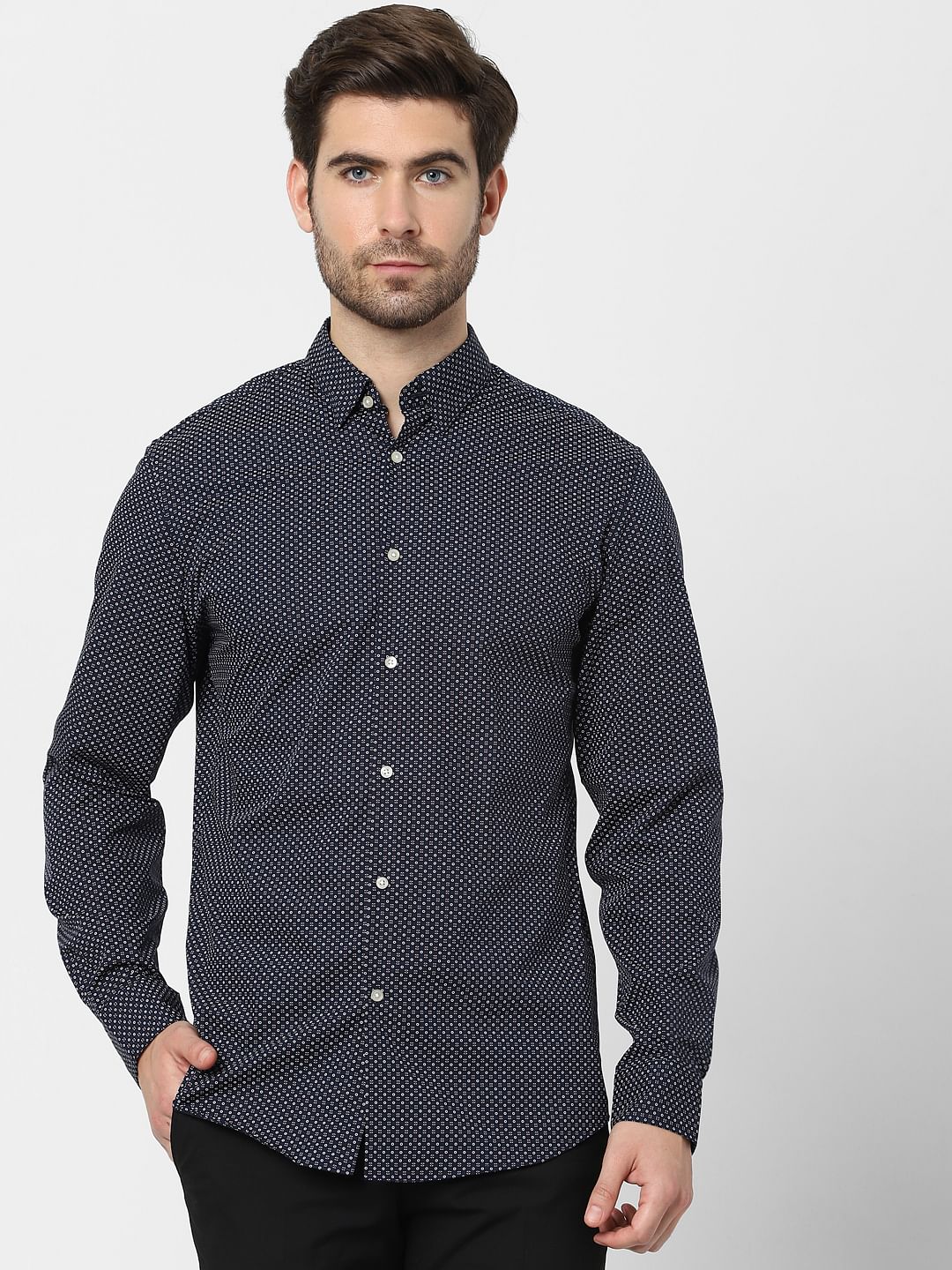 Dark Blue Printed Full Sleeves Shirt