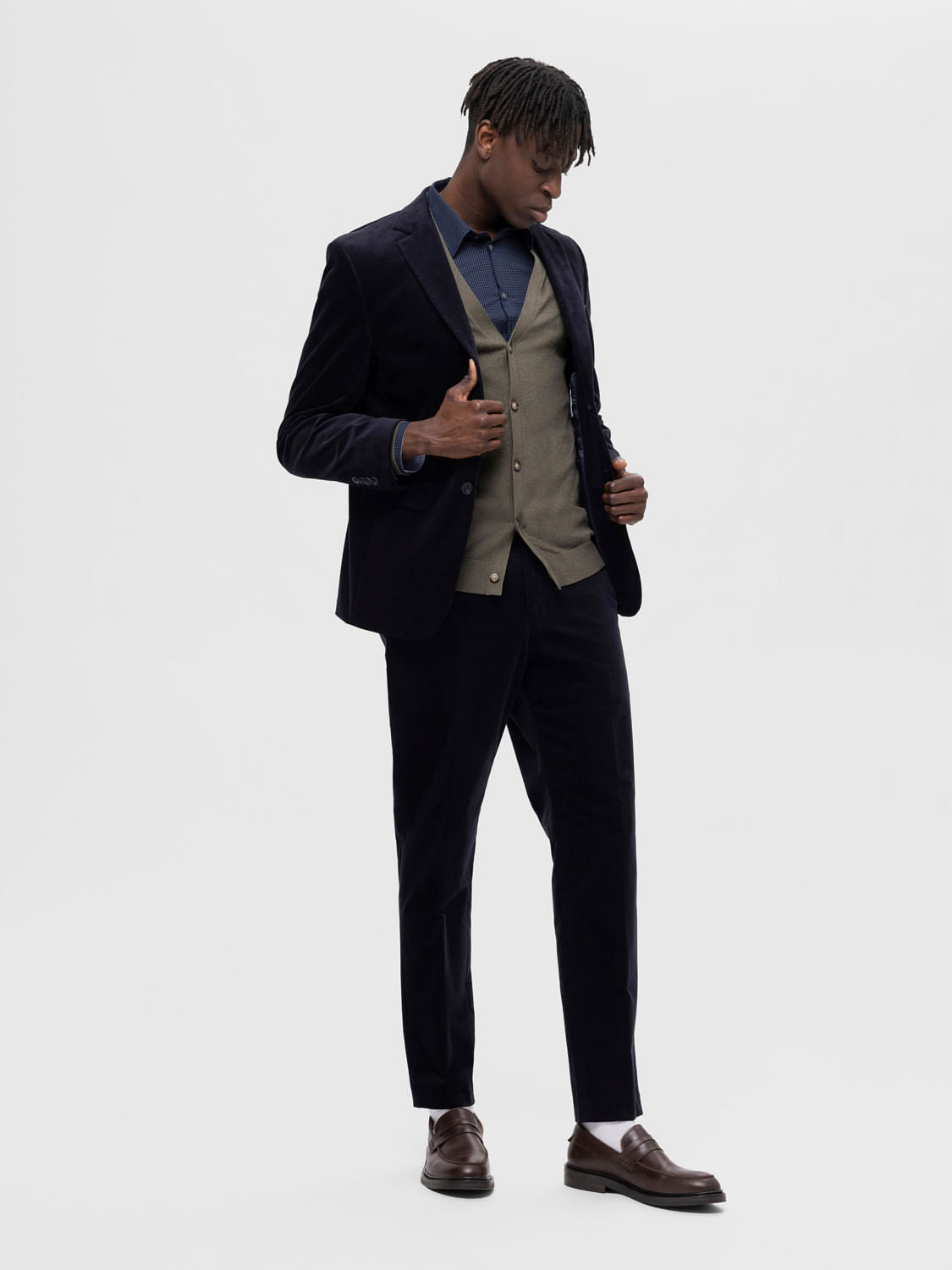 Dark Blue Mid Rise Corduroy Slim Fit Trousers