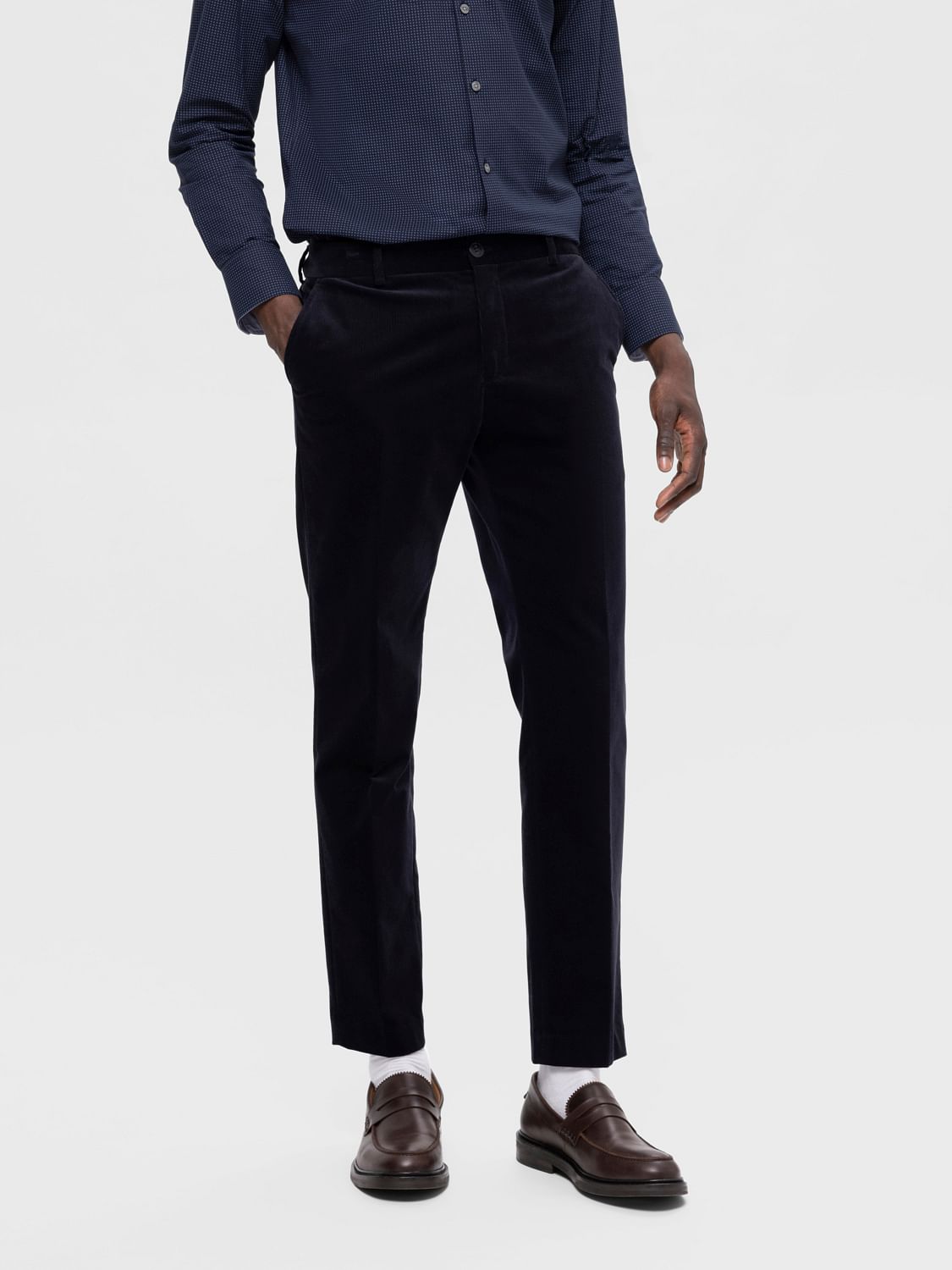 Dark Blue Mid Rise Corduroy Slim Fit Trousers