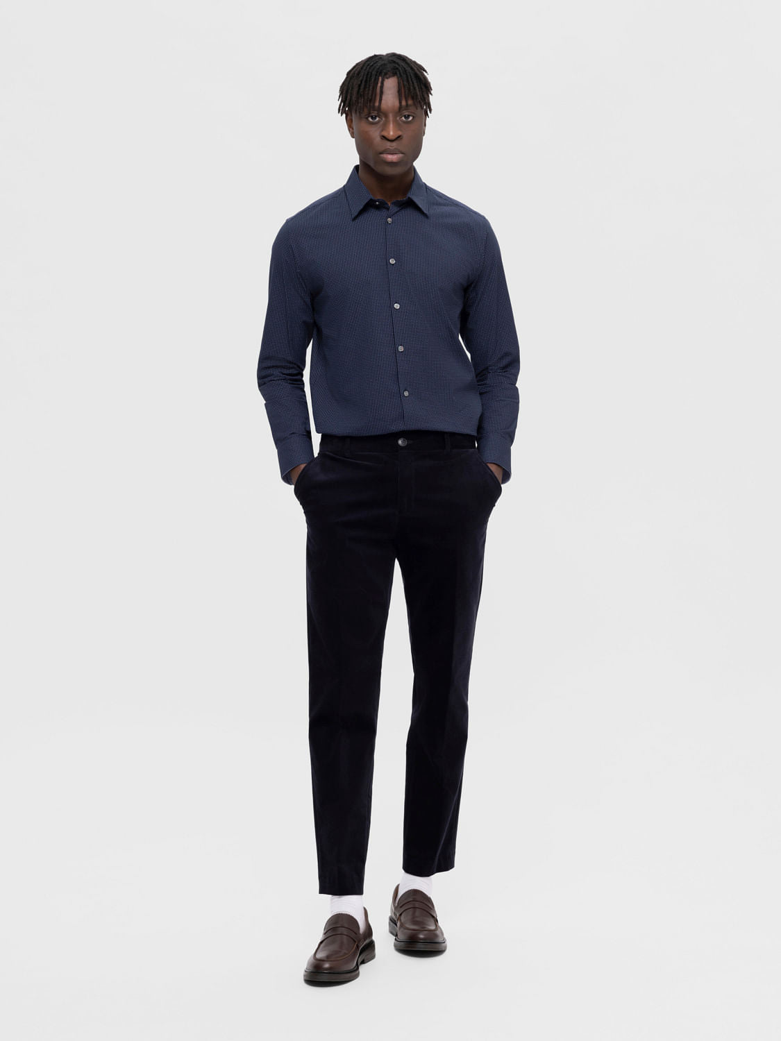 Dark Blue Mid Rise Corduroy Slim Fit Trousers