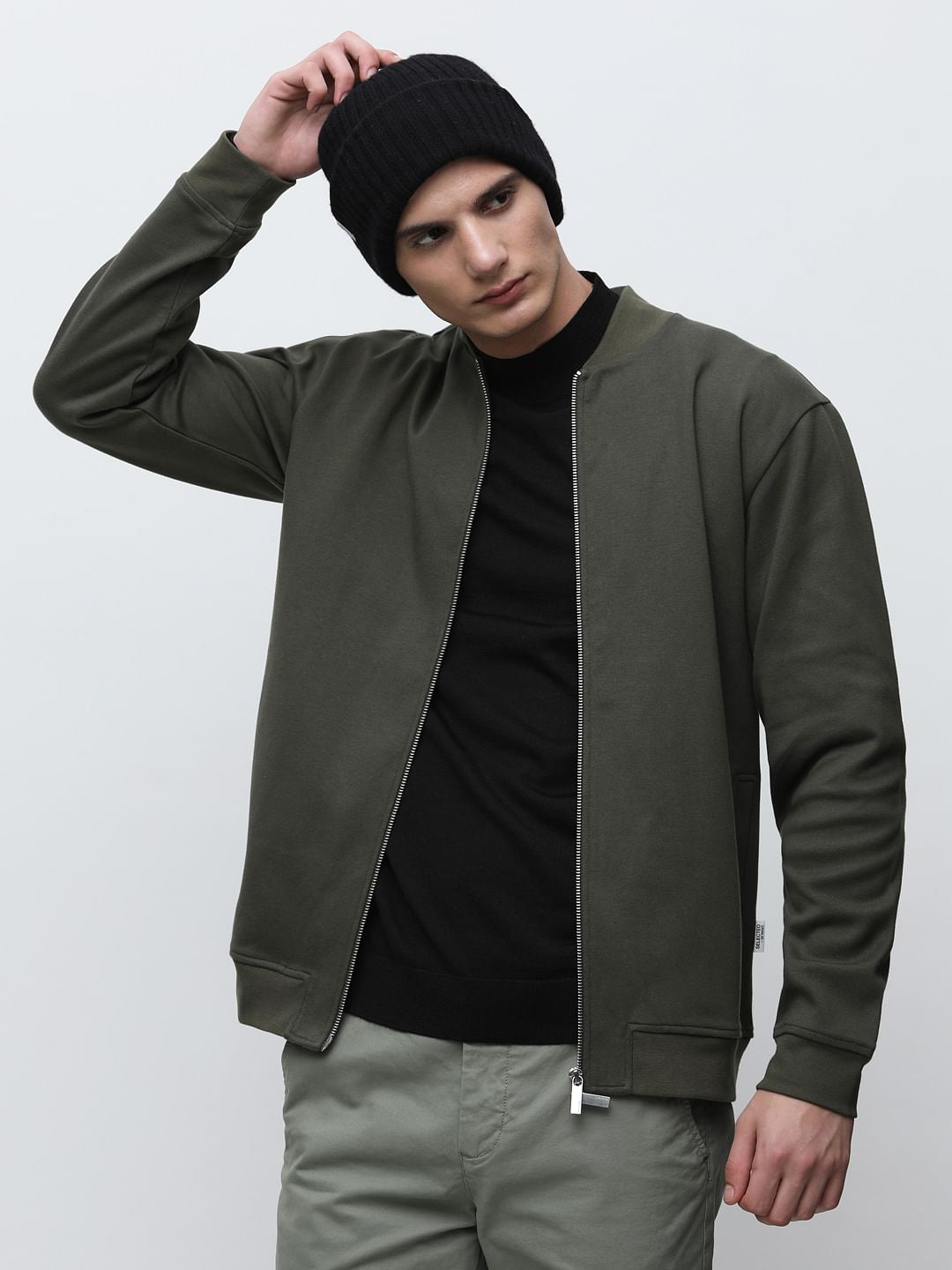Dark Green Jersey Bomber Jacket