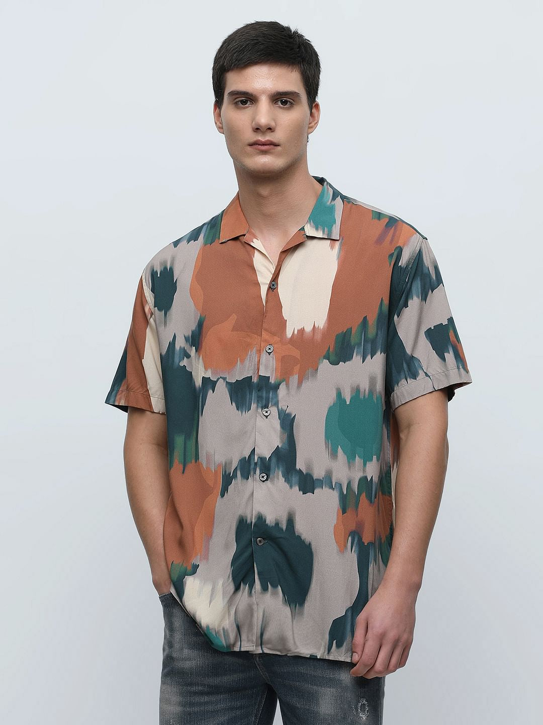 Brown Printed Short Sleeves Shirt