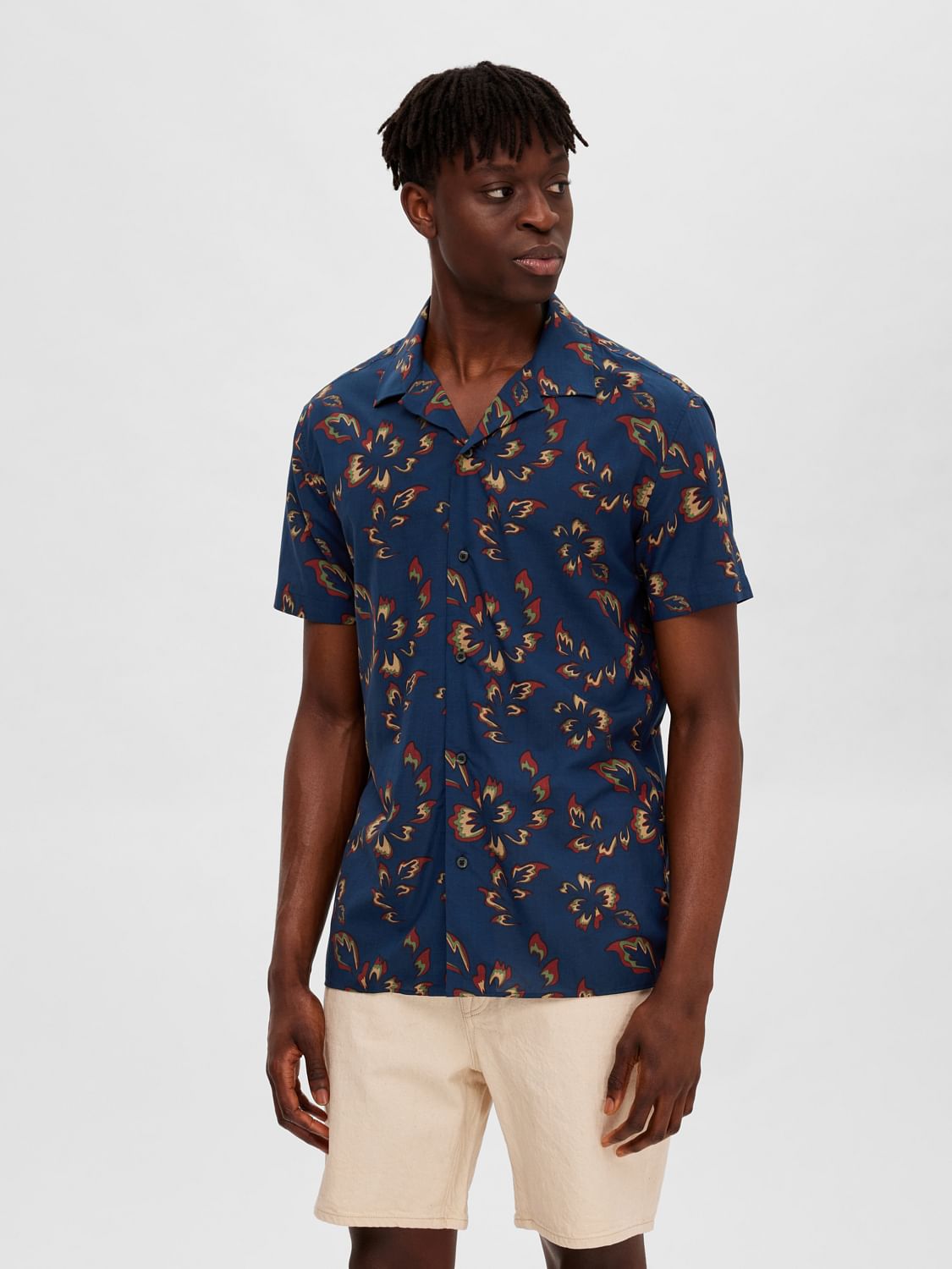 Dark Blue Floral Cuban Collar Shirt