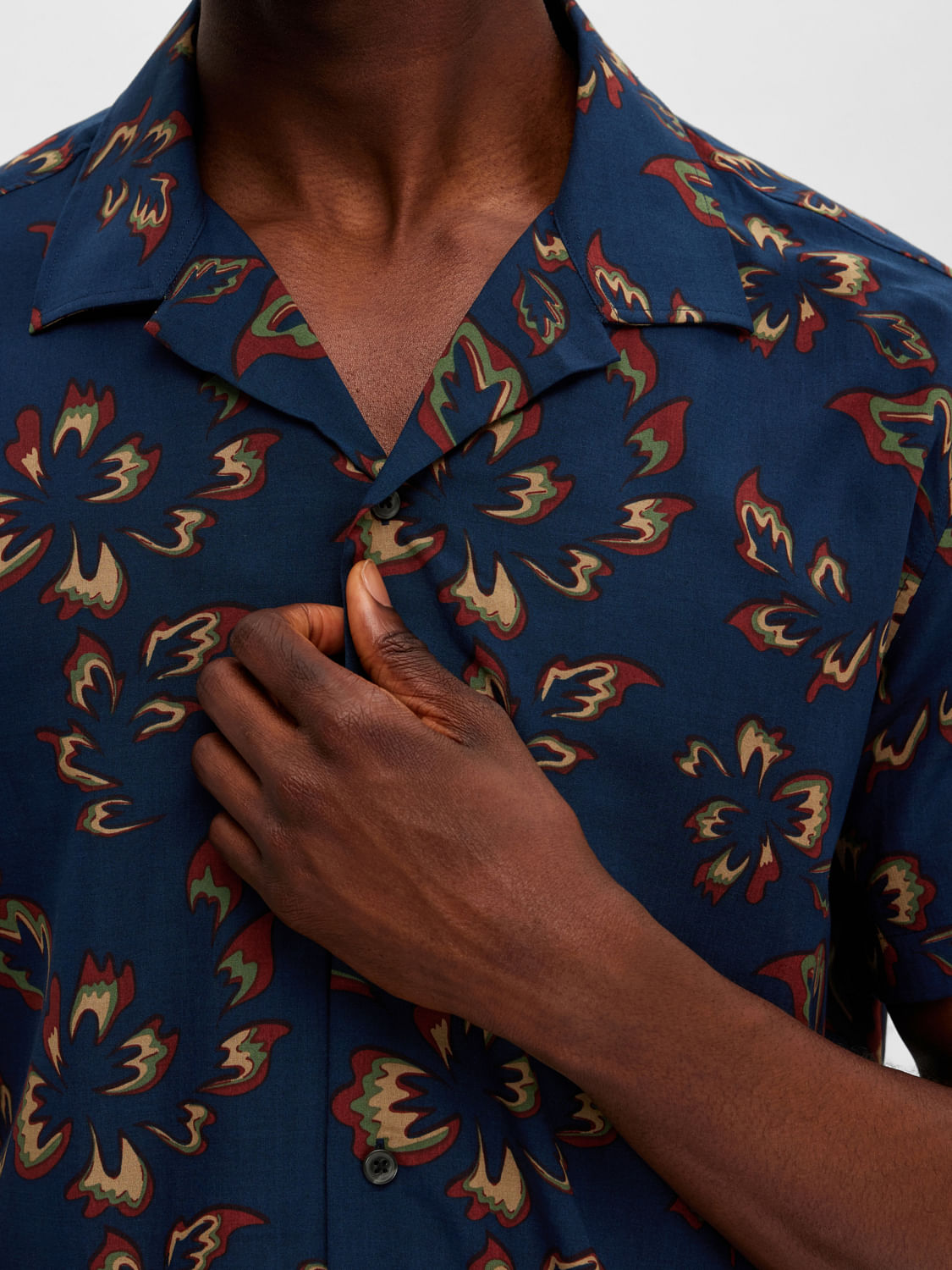 Dark Blue Floral Cuban Collar Shirt