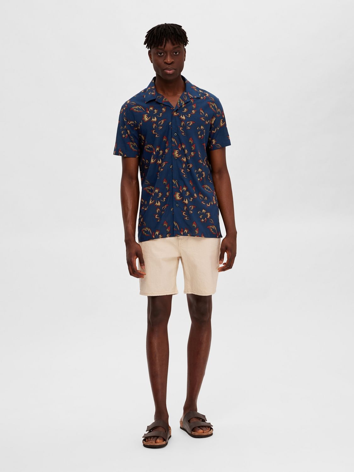 Dark Blue Floral Cuban Collar Shirt