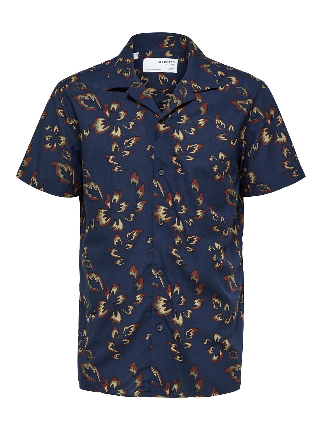 Dark Blue Floral Cuban Collar Shirt