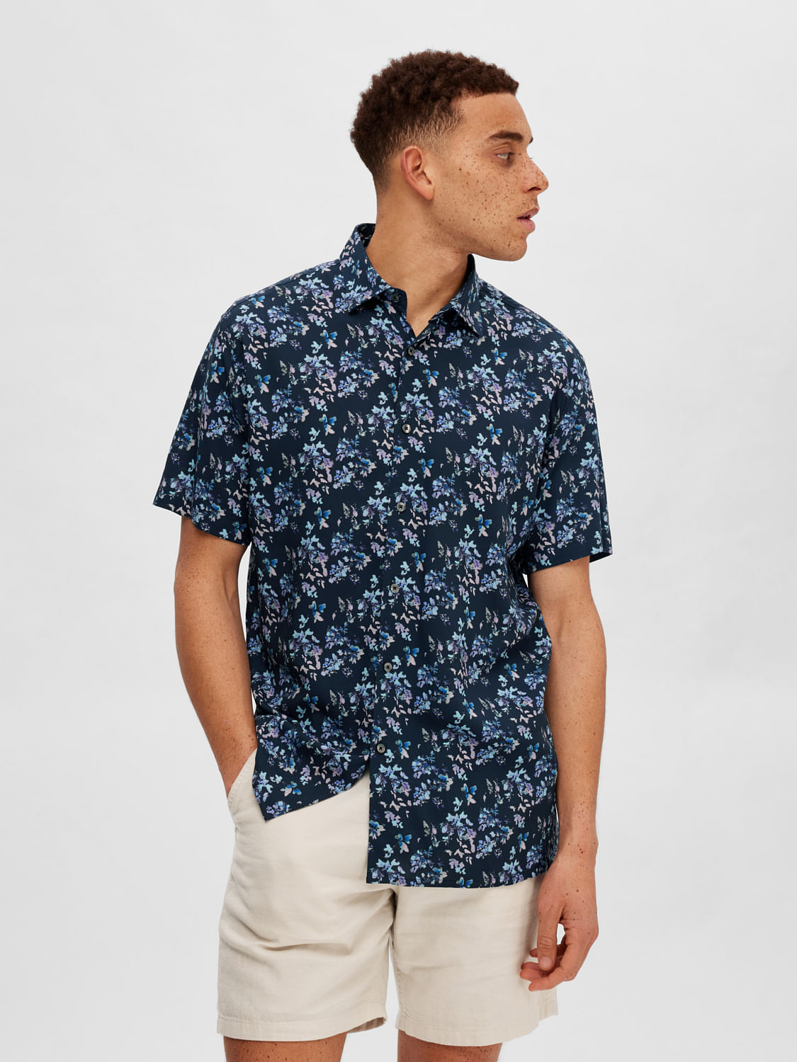 Dark Blue Floral Short Sleeves Shirt