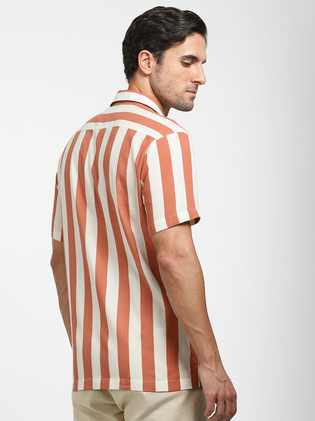Red Striped Organic Cotton Cuban Collar Shirt