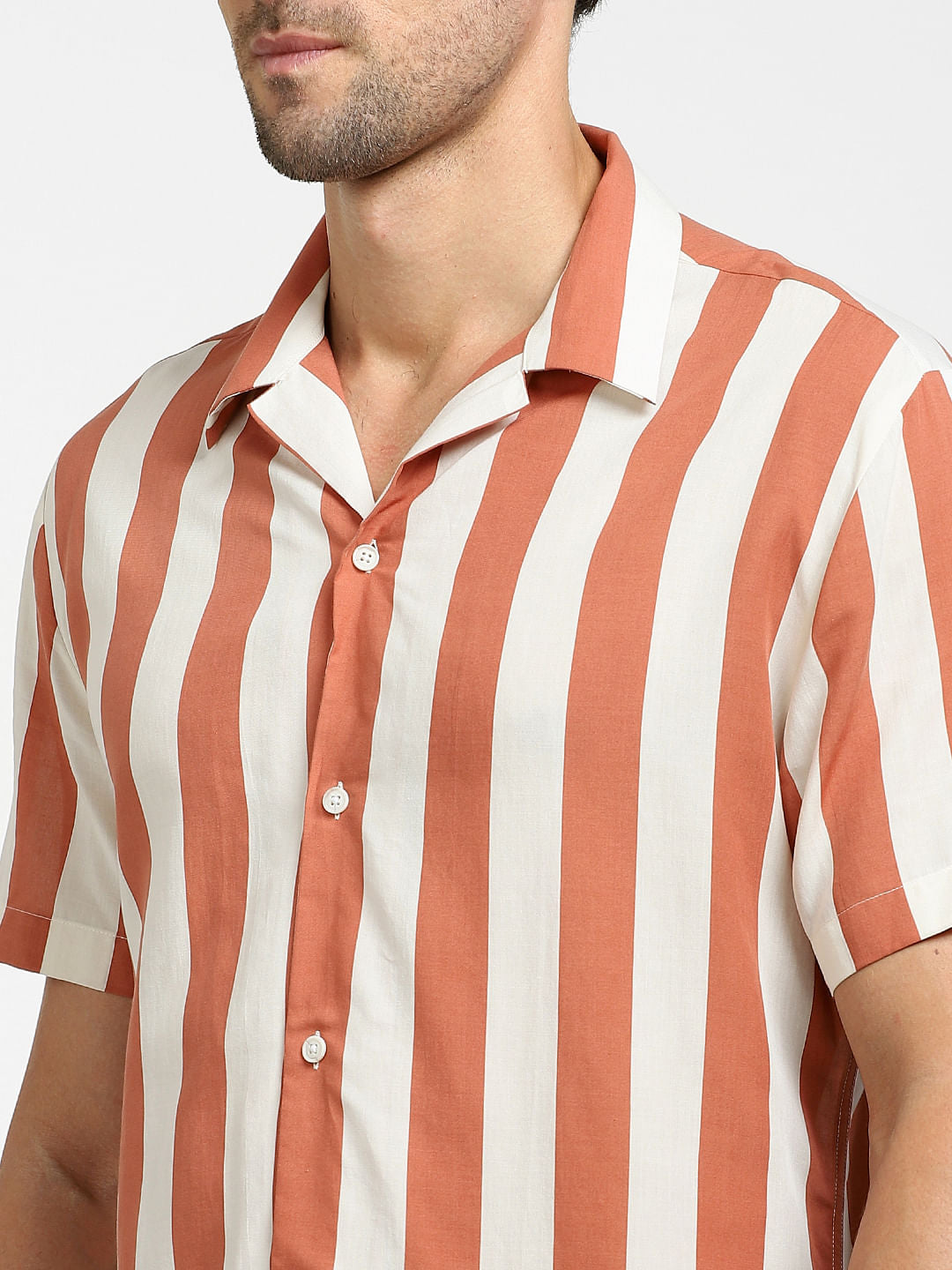 Red Striped Organic Cotton Cuban Collar Shirt