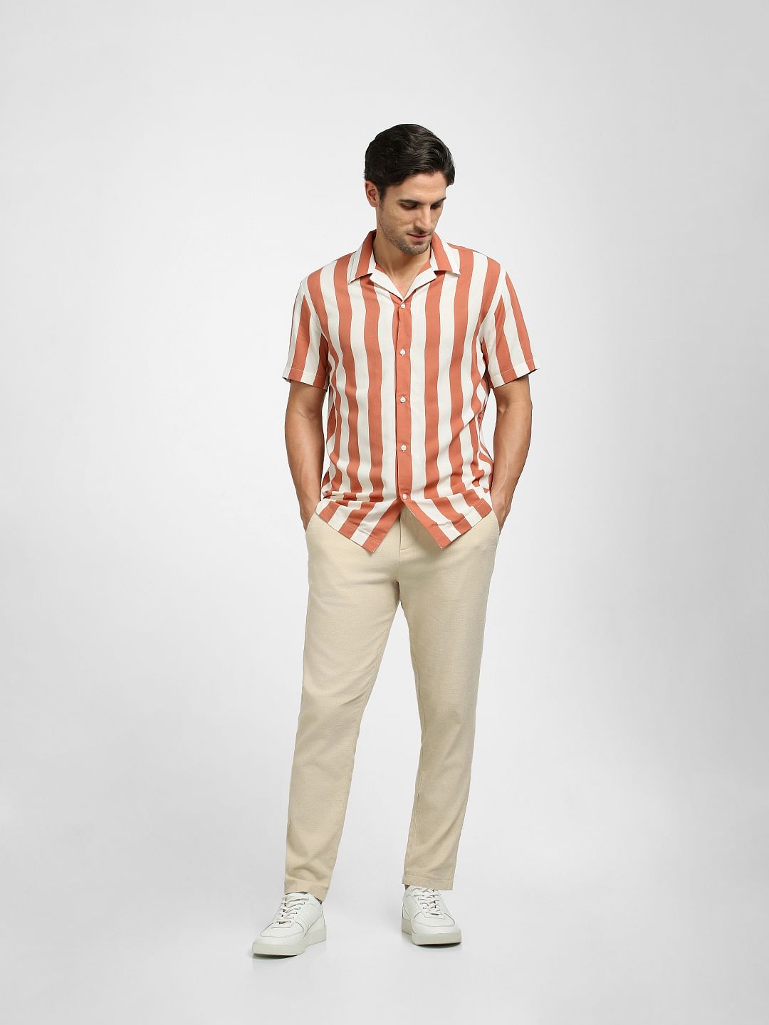 Red Striped Organic Cotton Cuban Collar Shirt