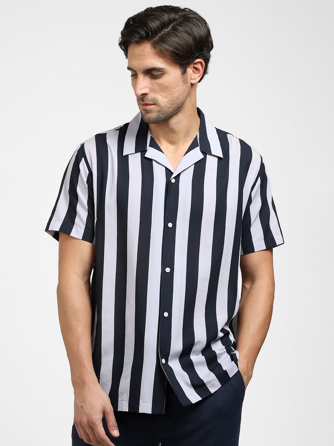 Blue Striped Organic Cotton Cuban Collar Shirt