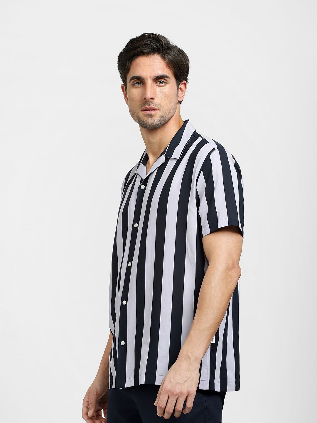 Blue Striped Organic Cotton Cuban Collar Shirt