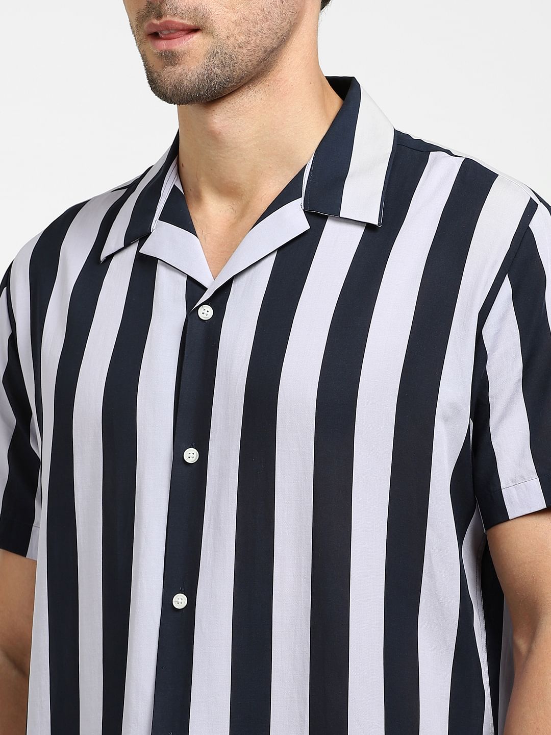 Blue Striped Organic Cotton Cuban Collar Shirt