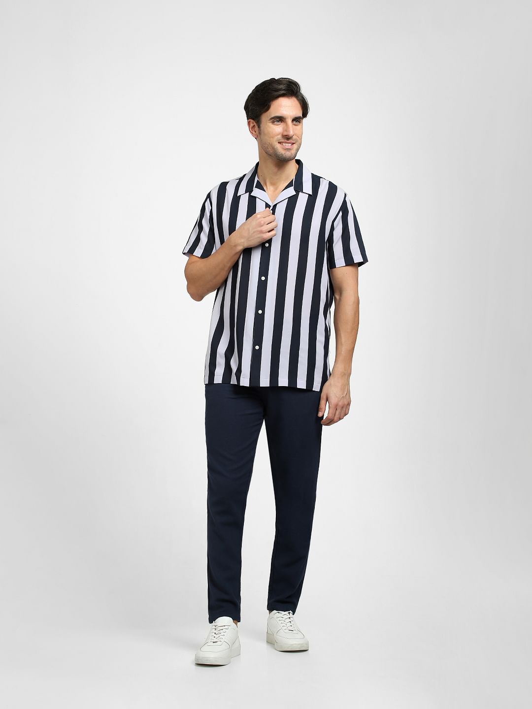 Blue Striped Organic Cotton Cuban Collar Shirt