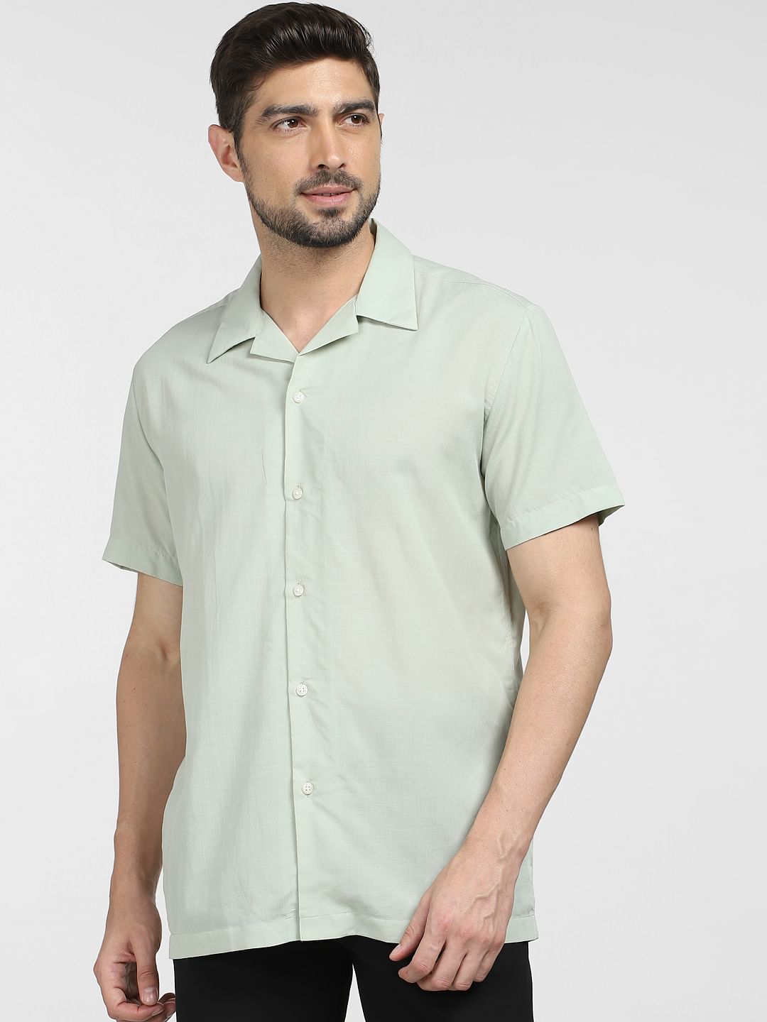 Green Cuban Collar Short Sleeves Shirt