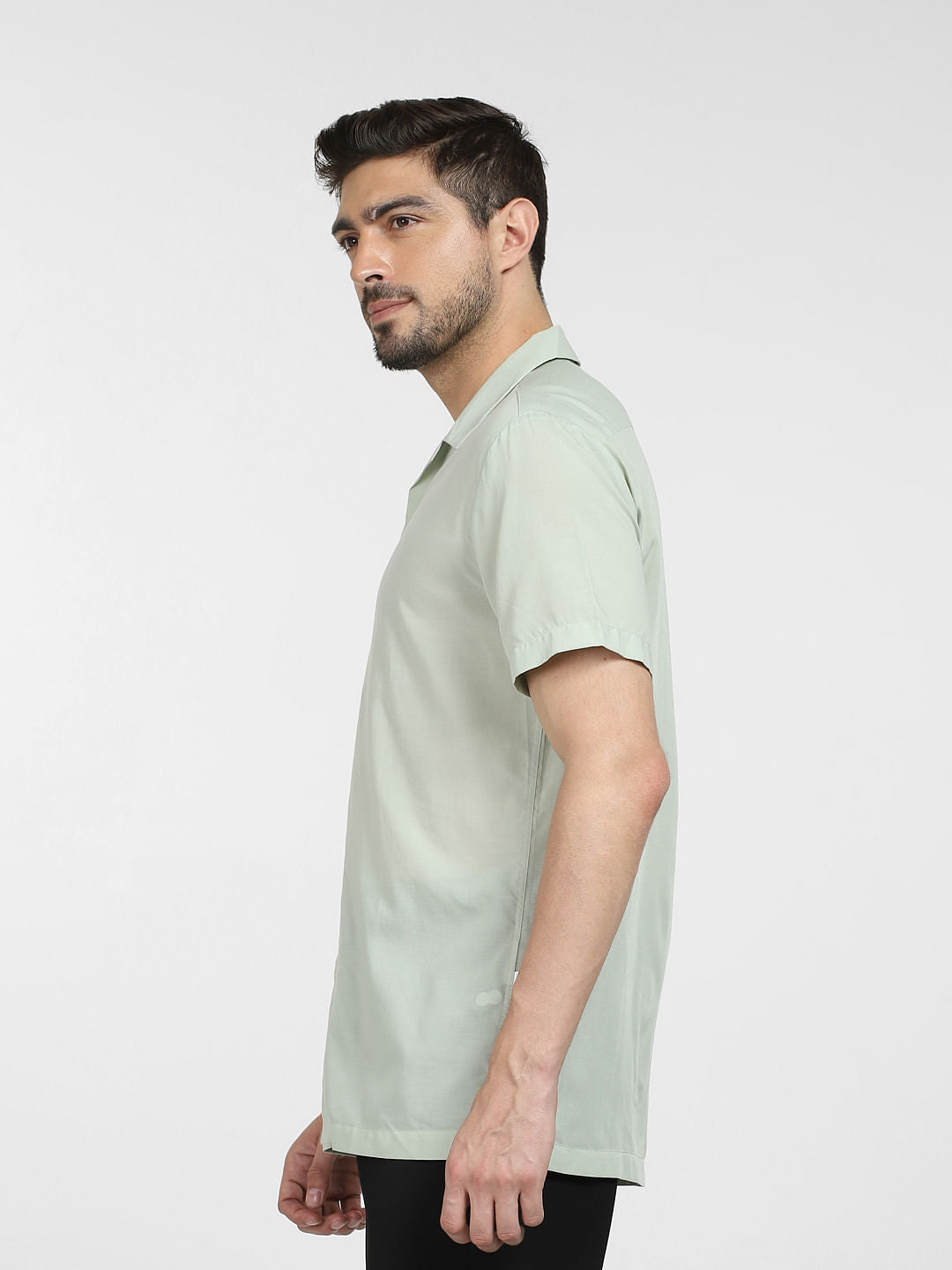 Green Cuban Collar Short Sleeves Shirt