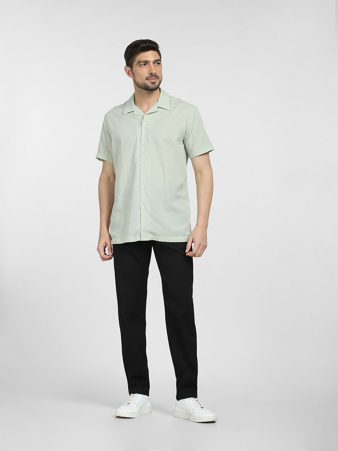 Green Cuban Collar Short Sleeves Shirt