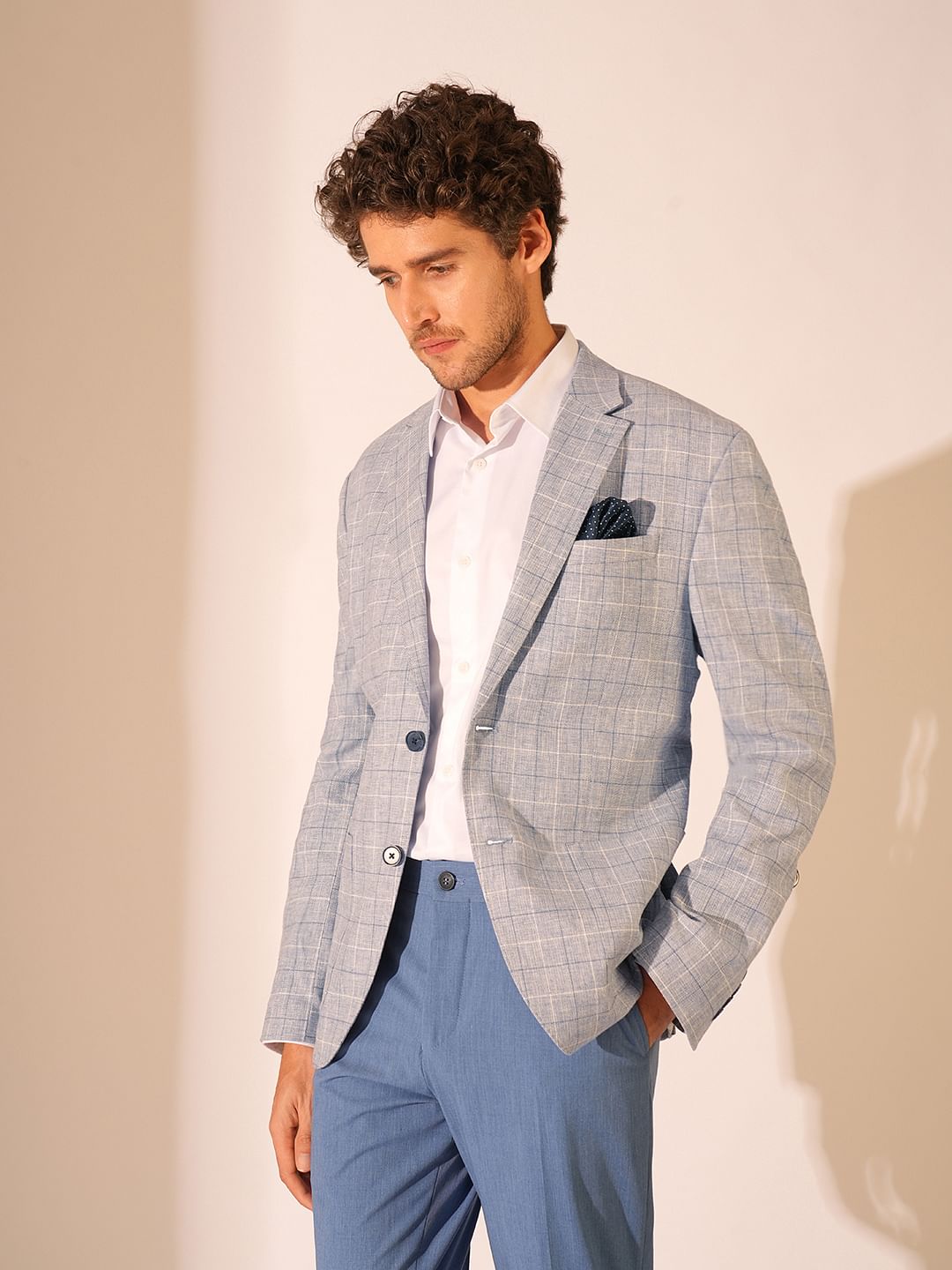 Blue Check Print Regular Fit Blazer