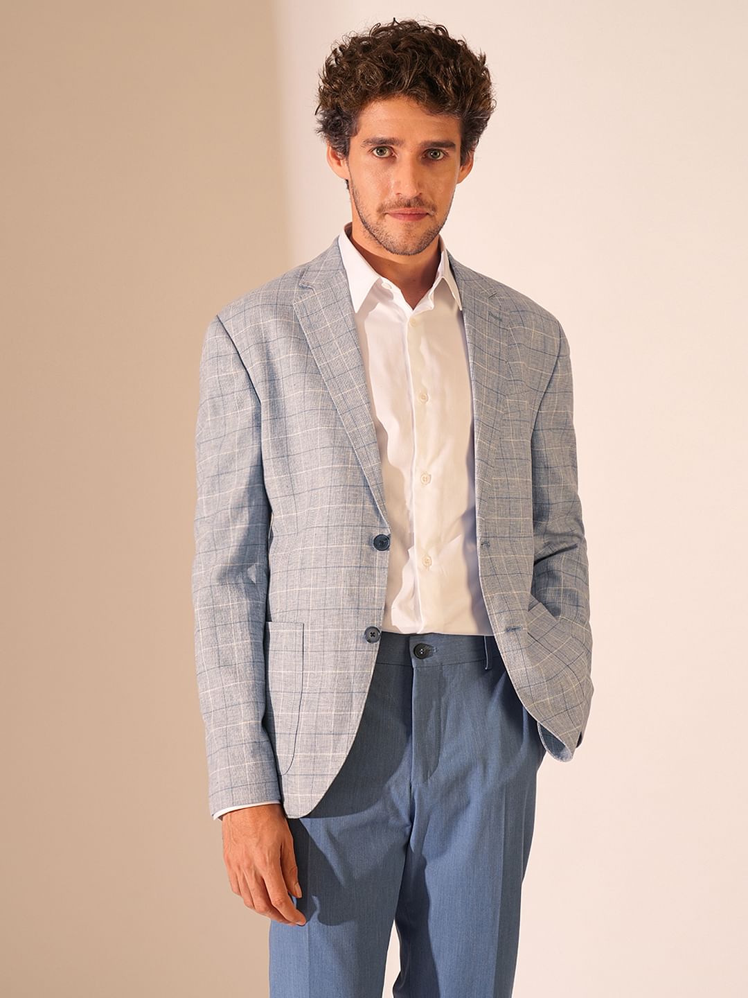 Blue Check Print Regular Fit Blazer