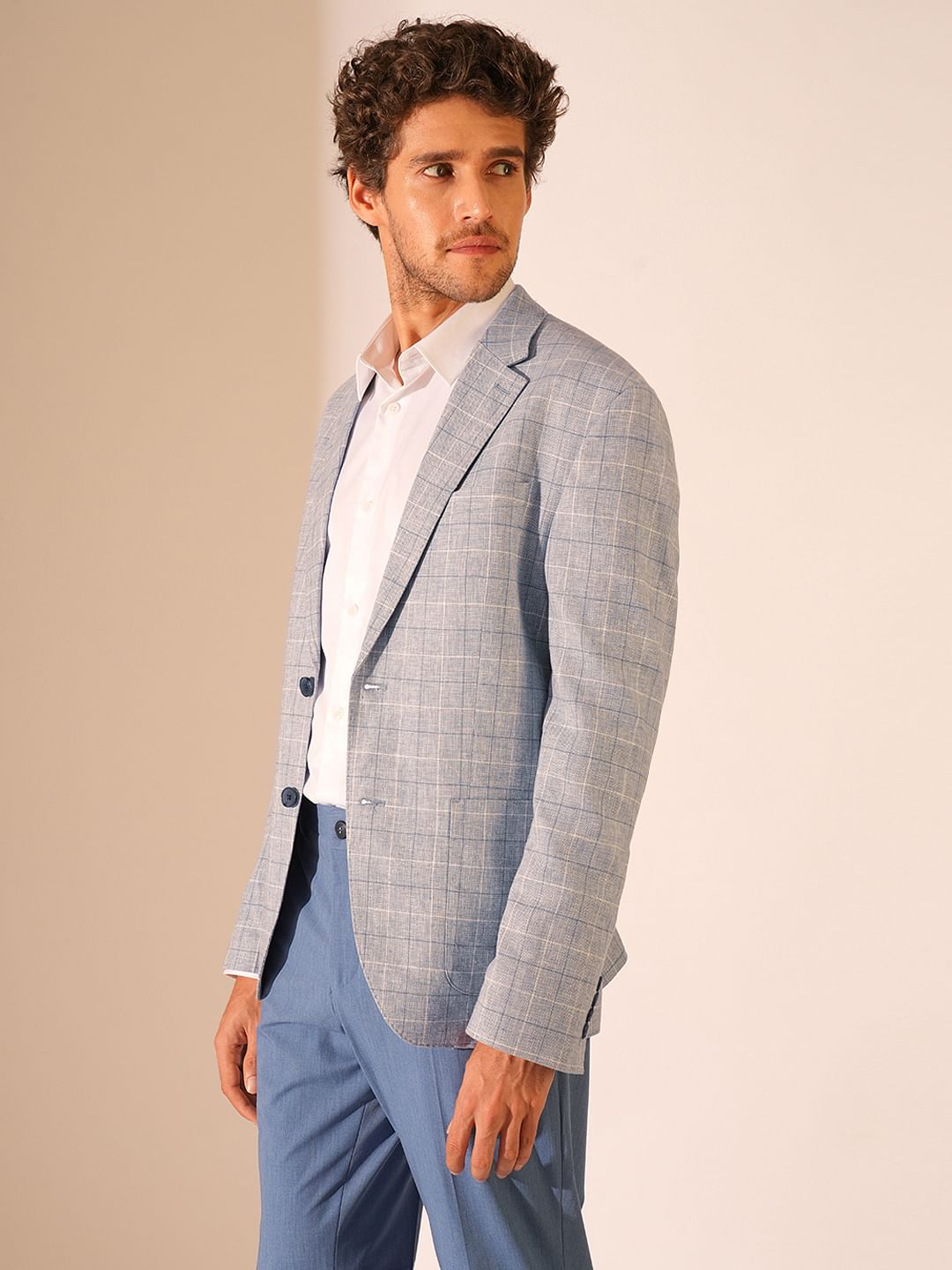 Blue Check Print Regular Fit Blazer