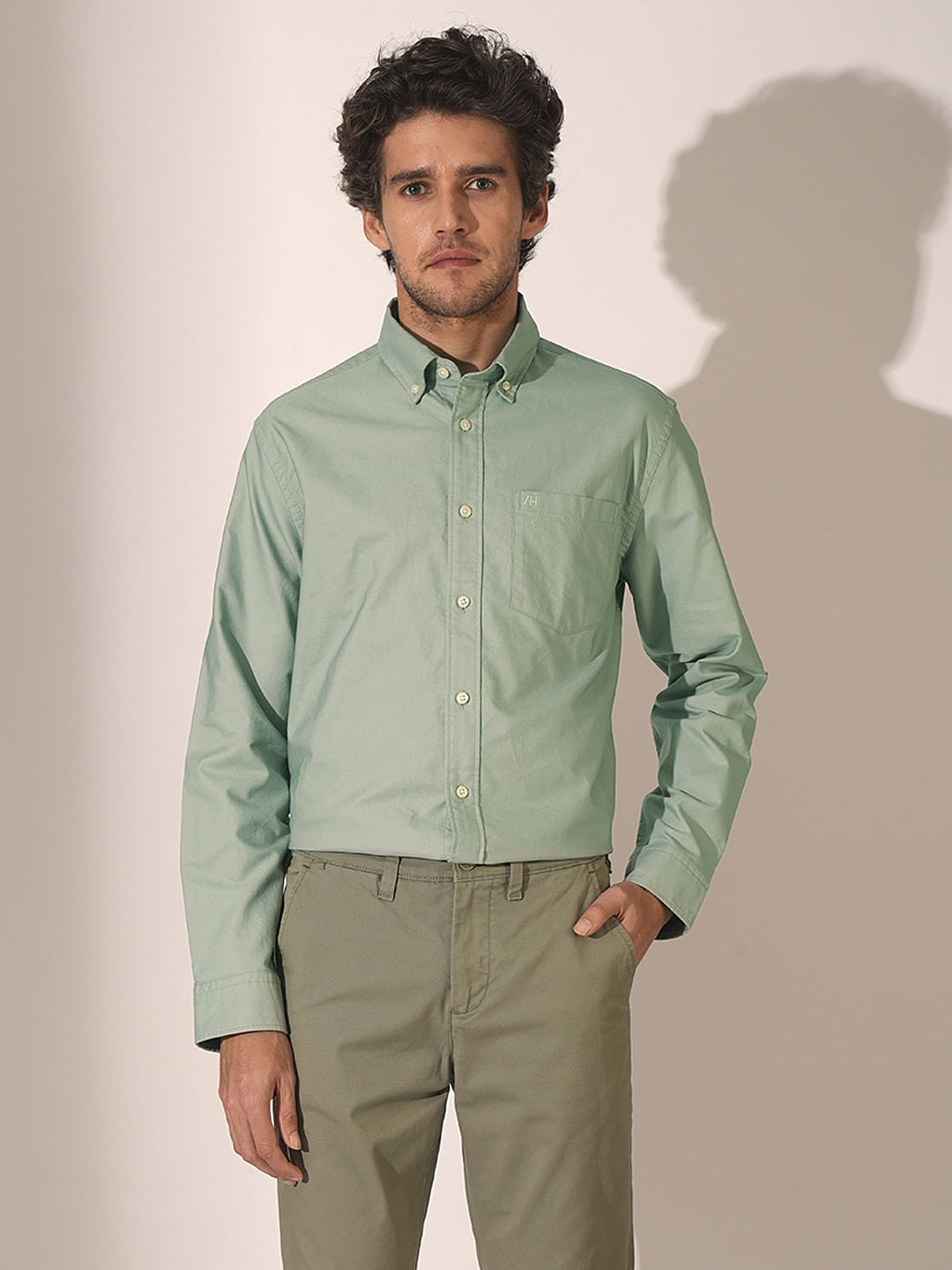 Light Green Striped Cotton Oxford Shirt