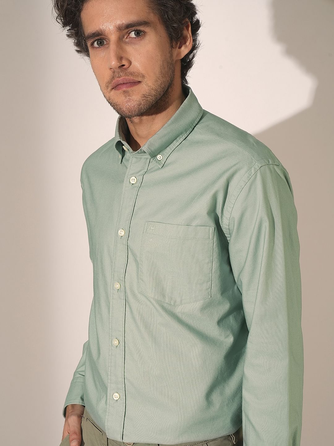 Light Green Striped Cotton Oxford Shirt