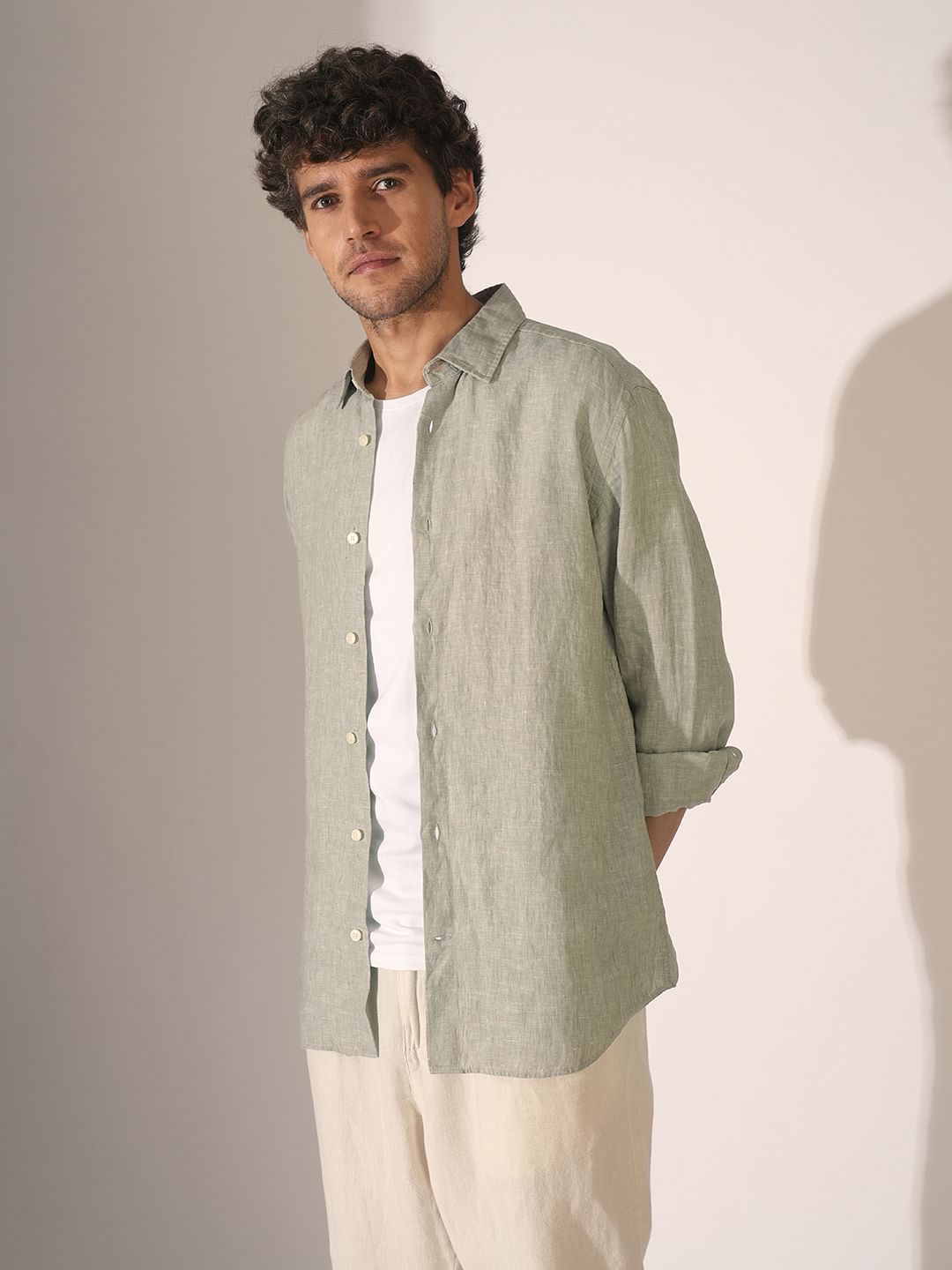 Green Linen Full Sleeves Shirt