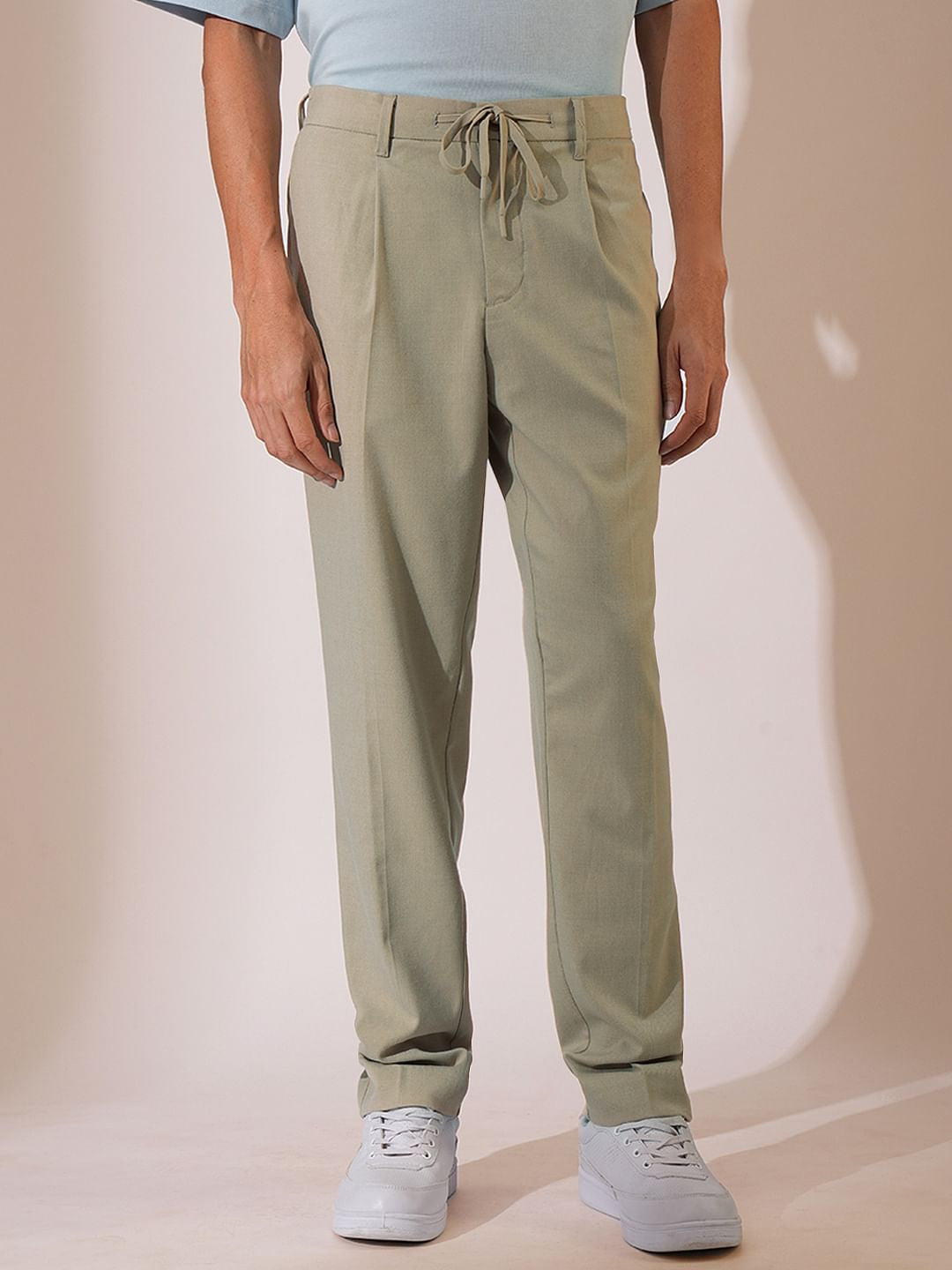 Beige Pleated Tapered Fit Trousers1