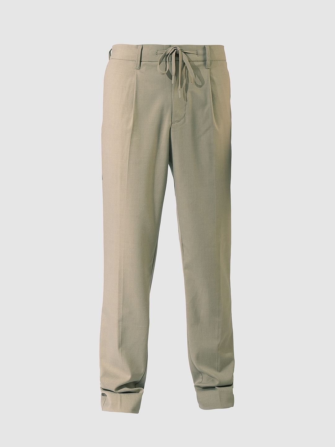 Beige Pleated Tapered Fit Trousers